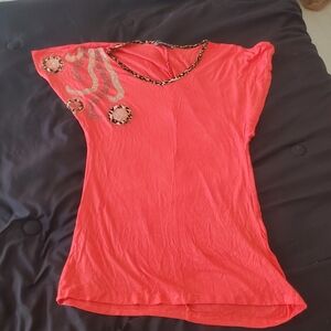 Title:Red V-Neck Blouse with‎ Rhinestone & Leopard Print Design for women